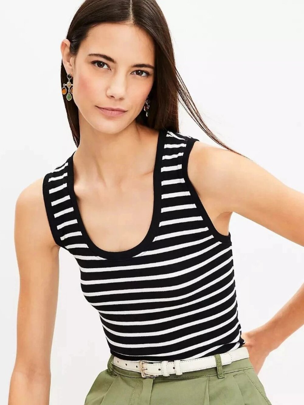 LOFT Stripe Perfect Ribbed Scoop Neck Tank Top (M)